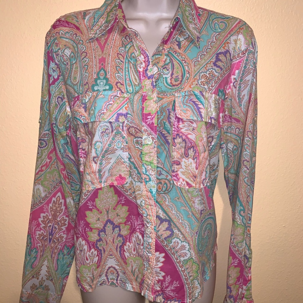 Ralph Lauren P L Retro Paisley Pastel Button Up Shirt Soft Lightweight Top